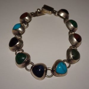 Vintage Sterling Silver 925 Mexico Multi Color Stone Link Bracelet, Mexico Sterling & Turquoise Bracelet