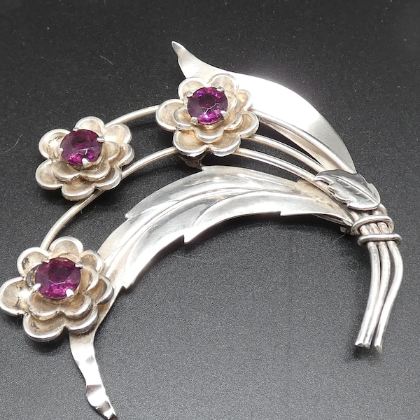 Vintage Harry Iskin Sterling Flower Brooch, Large Signed Harry Iskin Sterling Brooch with Purple Rhinestone Accents, Trio of Flowers