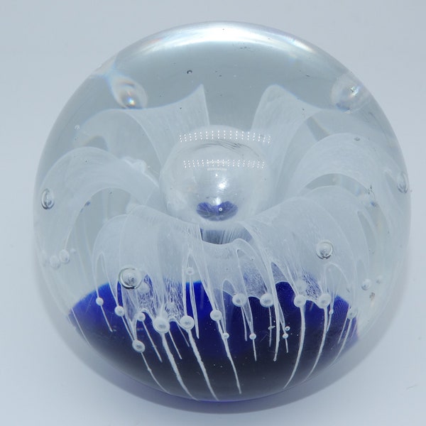 Vintage Clear Blue & White Art Glass Paperweight - Fountain Like Paperweight