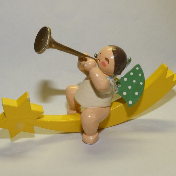 Vintage Wendt & Kuhn Brunette Hand Painted Grunhainichen Angel on a Shooting Star Ornament - Rare