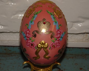 Porcelain Easter Egg, Stand, Powder Pink Easter Egg, Ribbons & Bows, Blue Flowers, TFM, Hand Crafted in Taiwan, Easter Decor, Elegant