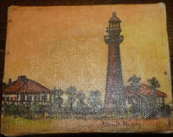 1982 Bolivar Point Lighthouse Oil Painting by Patricia A. Murphy, #165, Port Bolivar Art from the Heart, Nautical Miniature Painting, Texas