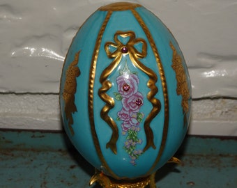 Porcelain Easter Egg, Stand, Baby Blue & Gold, Pink Rose, Porcelain, TFM, Hand Crafted in Taiwan, Easter Decor, Elegant, Pink Rose