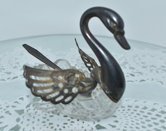 Vintage Swan Open Salt Cellar Crystal Glass & Metal Moving Wings with Spoon, Made in Italy, Italian Swan Salt Cellar, Silver Plated