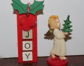 Rare Angel Miniature, Made in Germany, Angel holding Christmas Tree,  Christmas Miniature - See photos for size