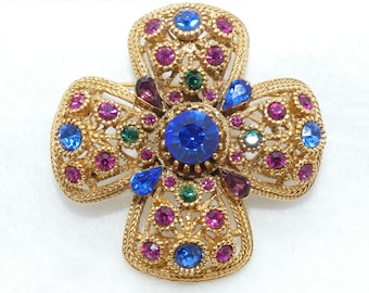 Vintage Sphinx Maltese Statement Bejeweled Cross Brooch Pin - Figural Rainbow of Rhinestones, Gold Tone - GORGEOUS!