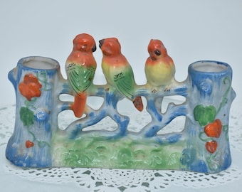 MCM Colorful Trio of Parrot Birds, Flower Vase, Bud Vase, Green Parakeet Porcelain Double Vase Love Birds Branch Vintage Japan Gold Castle