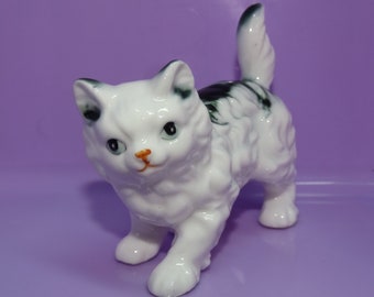 Little White & Gray Kitten Figure,  Bone China Porcelain Cat Figure - Ornament, Christmas Ornament