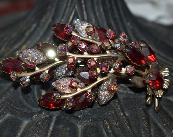 Gorgeous Red Iridescent Statement Leaf Spray Brooch, Ruby Red Rhinestones, Christmas Brooch