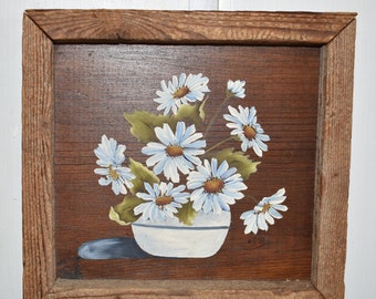 Sweet Vintage Daisy Floral Oil Painting on Wood, Flowers, Wall Art,  Country Floral Folkart Painting  - Post#