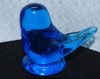 1995 Vintage Glass Blue Bird of Happiness, Baby Sparrow Song Bird, Cobalt Blue Glass, Signed