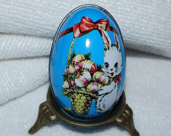 Vintage Lithograph White Bunny Tin Egg, Easter Bunny egg British Crown Colony, Made in Hong Kong, Easter Egg Basket Décor