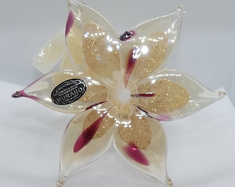 Vintage Murano Glass Flower Vase, Secundo, Made in Italy Floral Vase, 6 Pedals, Golden Glitter Leaves, Beautiful!