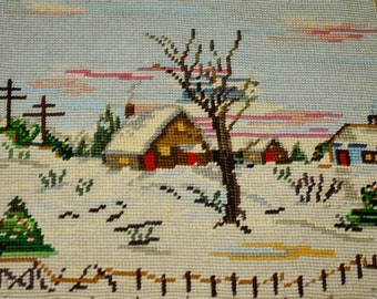 Vintage Needlepoint Art Country Living Winter Season Barn Snow Wooden Frame, Wood Fence, Telephone LInes, Winter Snow