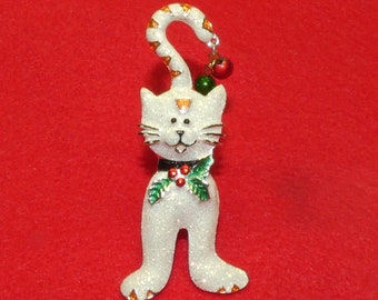 White Christmas Kitten Pin, Glitter & Christmas Balls, Christmas Kitty Brooch