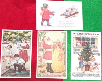 Vintage Reproduction Postcards,  Christmas Postcards, Victorian, Santa Claus, Postcards, Winter, Sled, (4) Victorian Christmas Postcards