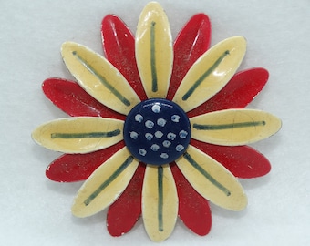 Vintage Enamel Red, White, Blue Metal Flower Pin, Patriotic Brooch, Statement Flower Pin, Cruise Ship Jewelry, Nautical Jewelry, Patriotic