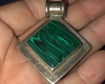 Vintage 1980's Jewelry Malachite & Sterling Pendant, Emerald Green Color, Southwestern Design Mexico