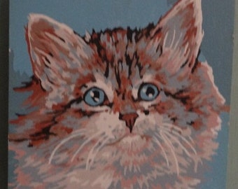 Vintage Paint by Number Cat, Calico Kitten, White Cat, Brown Cat Paint by Number Artwork Feline/Cat Lover/Blue Eyed Kitten