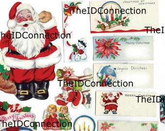 Étiquettes de Noël imprimables numériques du milieu du siècle, étiquettes de Noël des années 40, étiquettes de nom, père Noël, givré, poinsettia, étiquettes-cadeaux atomiques