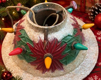 1927 Antique NOMA Christmas Tree Stand Cast Iron Poinsettia Electric AS IS, Solid Christmas Tree Stand