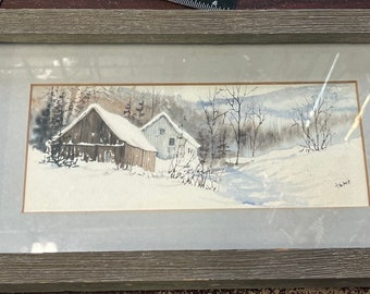 Vintage country, watercolor, signed,  drifting snow,  barn, country folk, art painting.