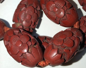 Antique Chinese Cinnabar Large Oval Carved Floral Beaded Necklace, Carved Cinnabar Lacquered, Chinese Antiquity SHOU Longevity Beaded