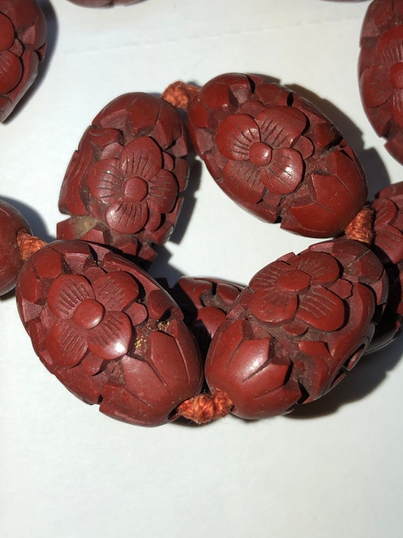 Antique Chinese Cinnabar Large Oval Carved Floral 