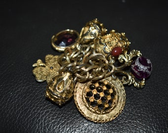 MCM Chunky Gold Tone Charm Bracelet, Lanterns, 4 Leaf Clover, Glass Cabochon Charms, Needs Repair