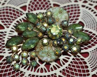 Vintage Aurora  Borealis Green Glass Floral Cabochons Marquise Rhinestone Stone Brooch - Gorgeous!