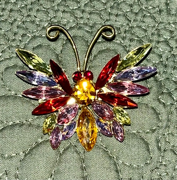 Vintage Butterfly Brooch, Multi Colored Rhineston… - image 2