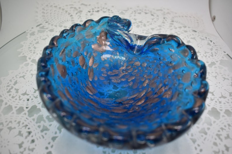 Murano Italian Bullicante Scalloped Edge Shell Shaped Teal Blue Art Glass with Copper Aventurine, Beautiful, Soap Dish, Ashtray, Cigar Bowl image 6