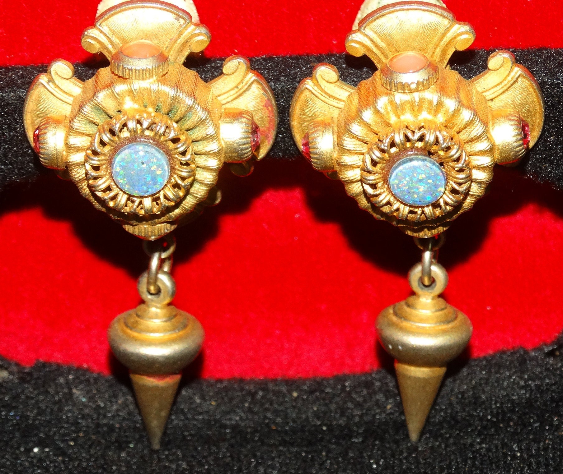 Vintage Natasha Stambouli Clip on Gold Tone Dangle Earrings, Opals  