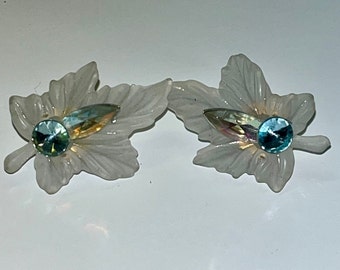 Vintage Two Sisters Earrings 1980s 1990s Chunky Lightweight White Frosted Lucite Leaves, Aurora Borealis Rhinestone Accents, Dainty