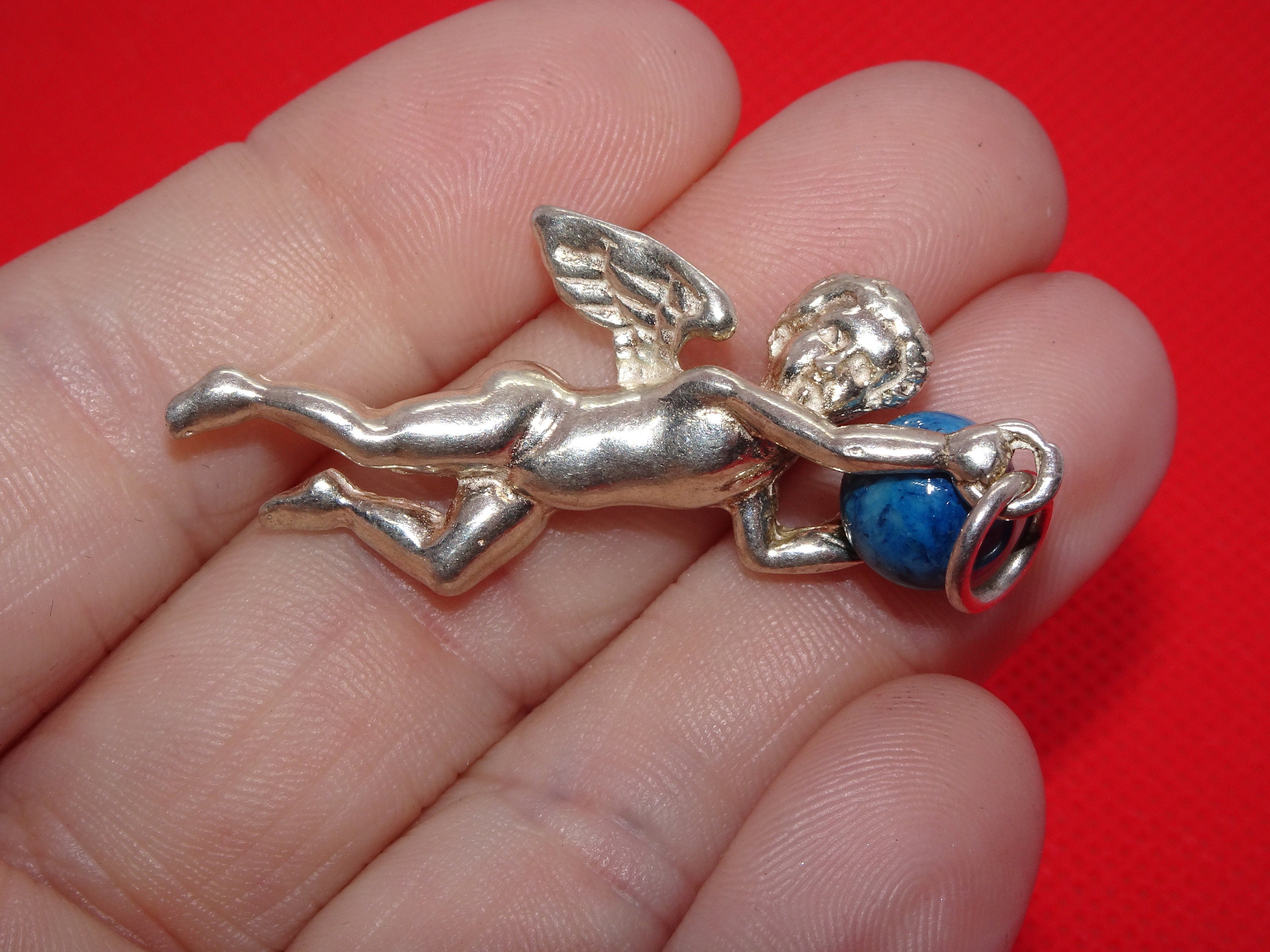 Vintage Silver Angel Charm, Natural Gemstone Lapis, Angel in