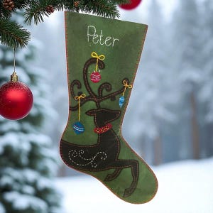 May include: Green Christmas stocking with a reindeer design and the name "Peter" in white script. The stocking features a black reindeer with a red collar and decorative ornaments. Red stitching outlines the edges.