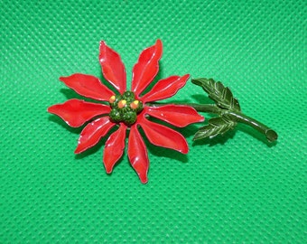 Vintage 1970's Poinsettia Christmas Pin, Brilliant Hand Painted Christmas Flower Pin