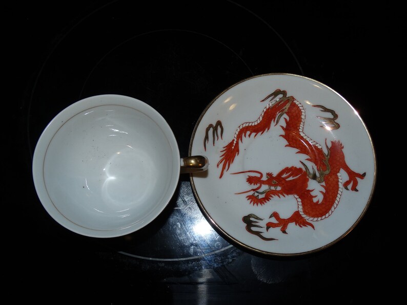 Vintage Porcelain Ming Chinese Red Dragon Teacup & Saucer Set, Made in Japan image 3