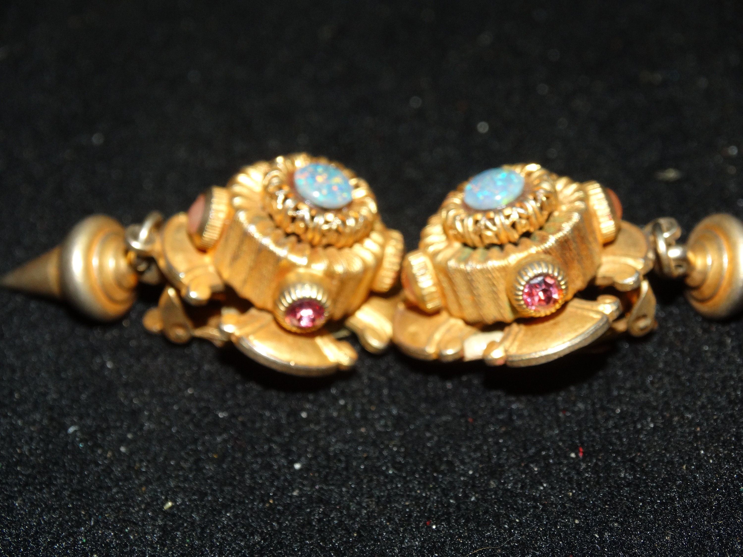 Vintage Natasha Stambouli Clip on Gold Tone Dangle Earrings, Opals 