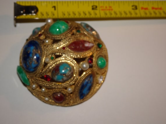 Vintage Oval Gold & Multi-Colored Stoned Brooch, … - image 8