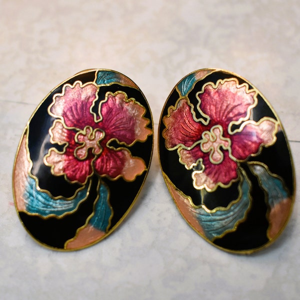 Vintage Cloisonné Oval Black & Pink Flower Post Earrings, Hibiscus Flower, Tropical Earrings