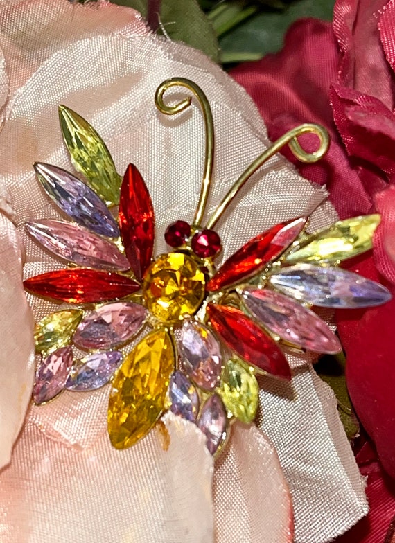 Vintage Butterfly Brooch, Multi Colored Rhineston… - image 3