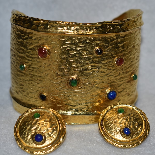 Rare Couture Gilded Cuff Bracelet & Earrings With Colorful Gripoix Glass By Les Bernard, 1980s - Pieces are Exquisite!