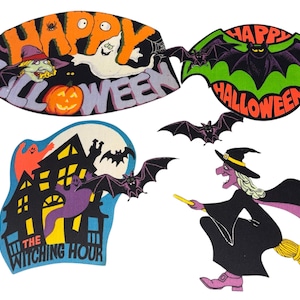 May include: A collection of Halloween-themed paper cutouts featuring a sign with the text HAPPY HALLOWEEN, a bat-shaped sign with HAPPY HALLOWEEN, a haunted house cutout with the text THE WITCHING HOUR, a flying witch on a broom, and two bats.