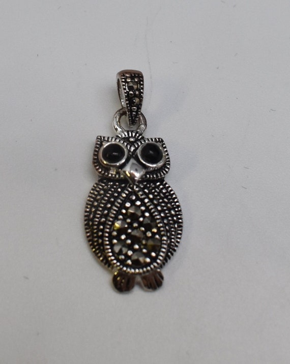 Vintage Silver Tone Marcasite Owl Pendant Charm, C