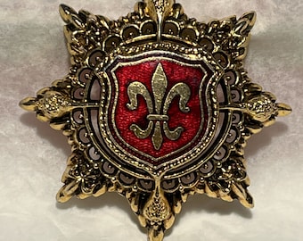 Vintage Gold Filigree Fleur-de-Lis Shield Brooch, Gold and Red Enameled   Medallion Pendant