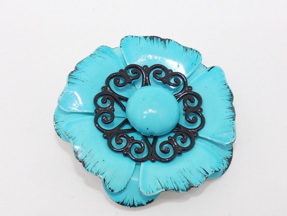 Vintage Brilliant Teal Blue & Black Flower Pin, F… - image 2