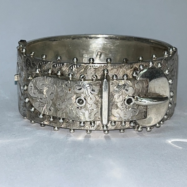 Victorian Sterling Hinge Buckle Engraved Bracelet, R.J.D. Robert James Dick, Birmingham English Silver Cuff Bracelet