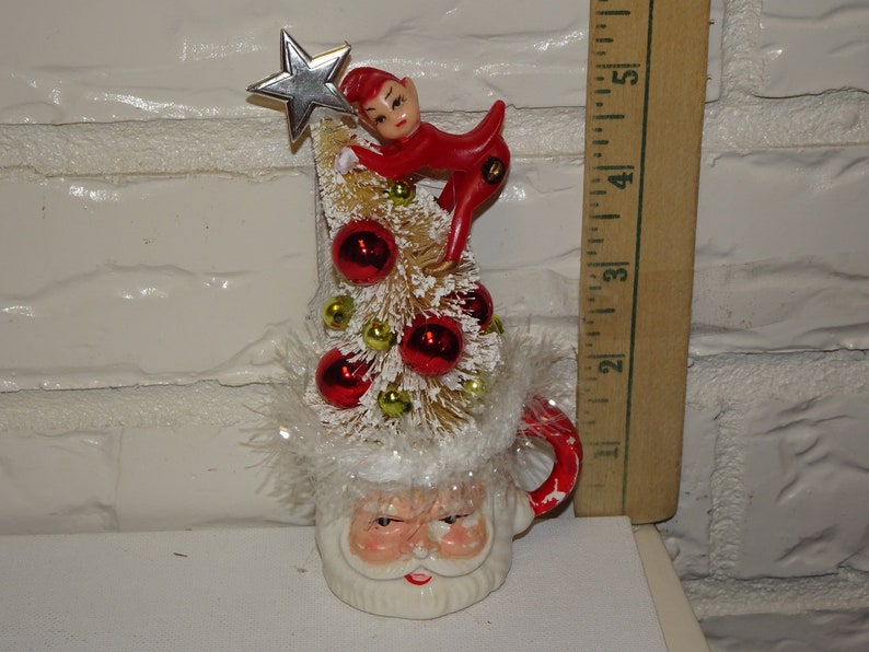 Pixie Retro Christmas Decoration Bottle Brush Trees Up Cycled Santa Mug Cup Mid Century Elf Red Elf