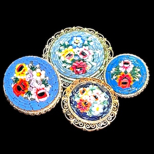 Vintage Italian Micro Mosaic Glass Pin Brooch: Floral Jewelry